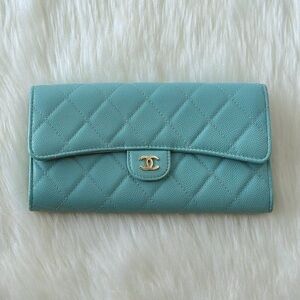 Limited Edition Chanel Turquoise Quilted Caviar Leather Long Wallet